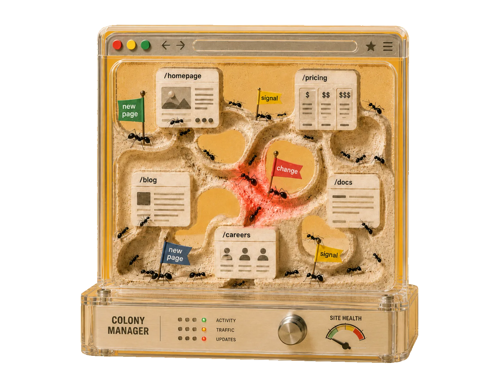 Data Surfer — a website rendered as an ant colony, mapping every page with new-page, change and signal flags