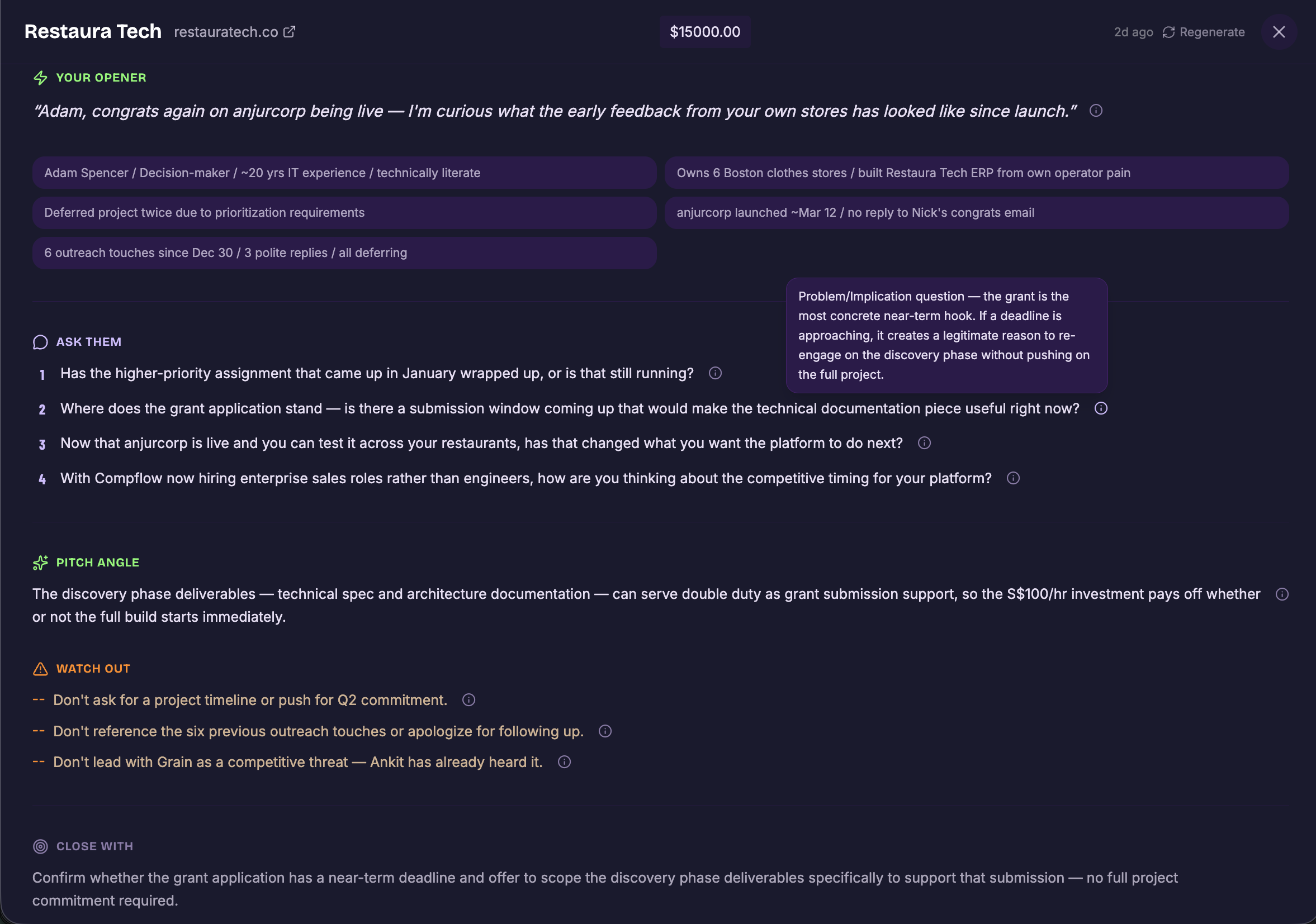 Call Prep cheat sheet showing the briefing format used before live conversations