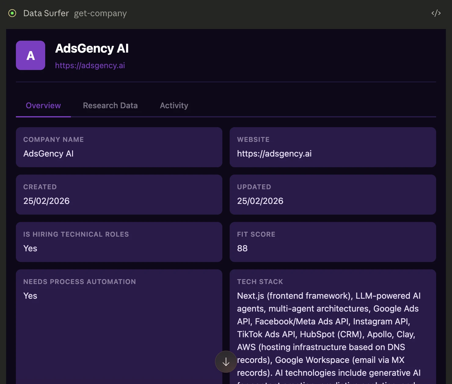 Data Surfer get-company detail view showing AdsGency AI with Overview, Research Data, and Activity tabs