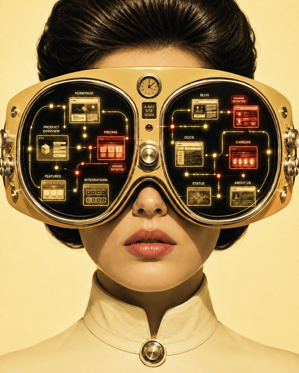 A figure wearing oversized golden goggles that scan a company's website, every page lit up with change-detected alerts